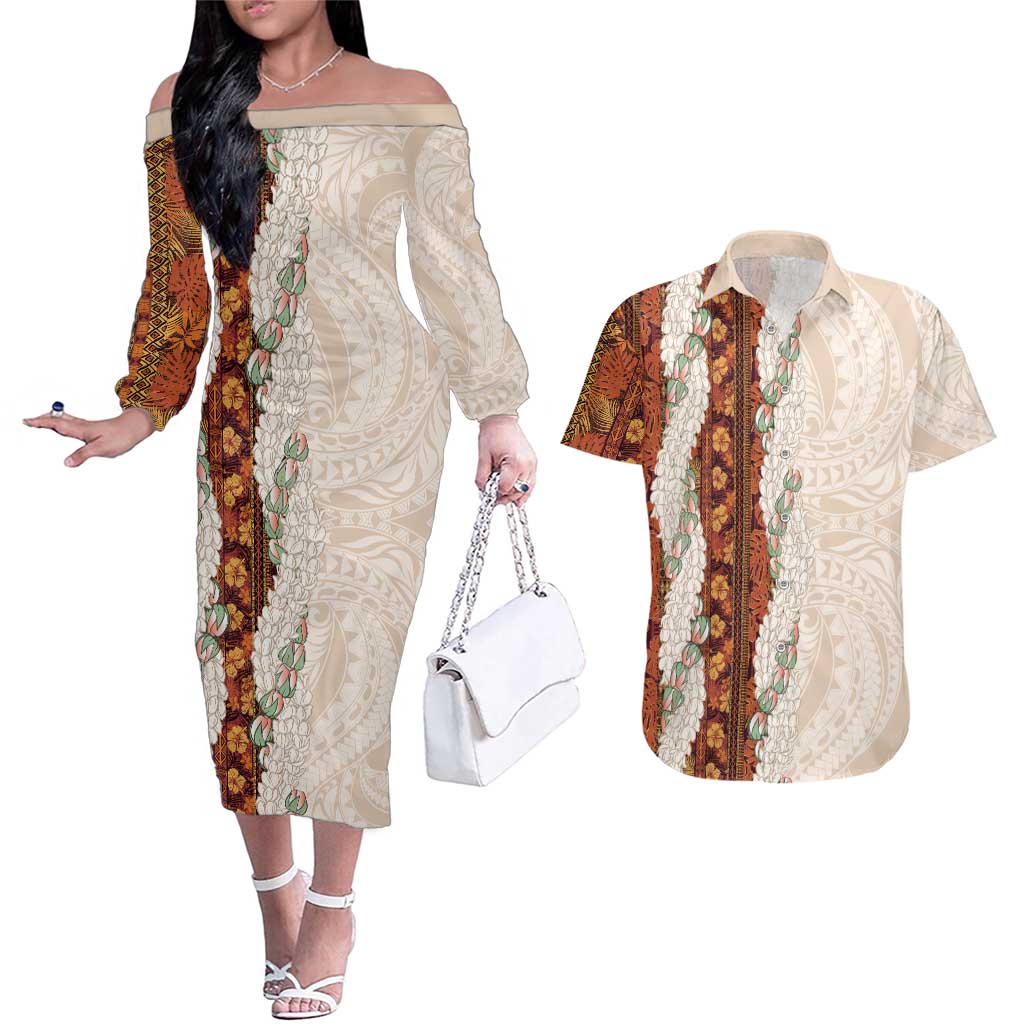 Aloha Hawaii Mikioi Lei Couples Matching Off The Shoulder Long Sleeve Dress and Hawaiian Shirt Cattail Red Tropical Flower Pattern LT14 Cattail Red - Polynesian Pride