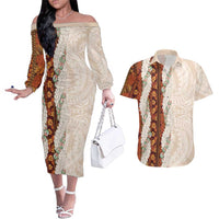 Aloha Hawaii Mikioi Lei Couples Matching Off The Shoulder Long Sleeve Dress and Hawaiian Shirt Cattail Red Tropical Flower Pattern LT14 Cattail Red - Polynesian Pride