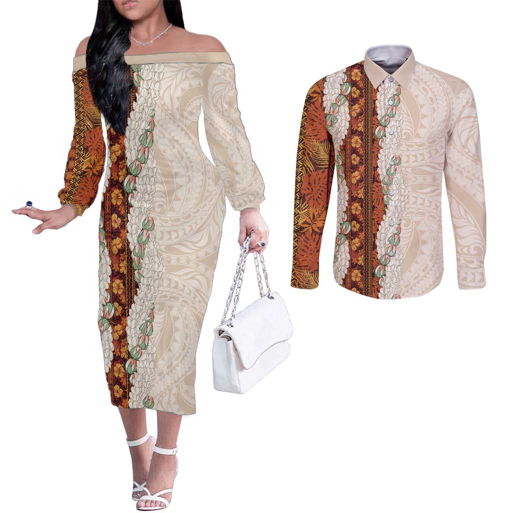 Aloha Hawaii Mikioi Lei Couples Matching Off The Shoulder Long Sleeve Dress and Long Sleeve Button Shirt Cattail Red Tropical Flower Pattern LT14 Cattail Red - Polynesian Pride