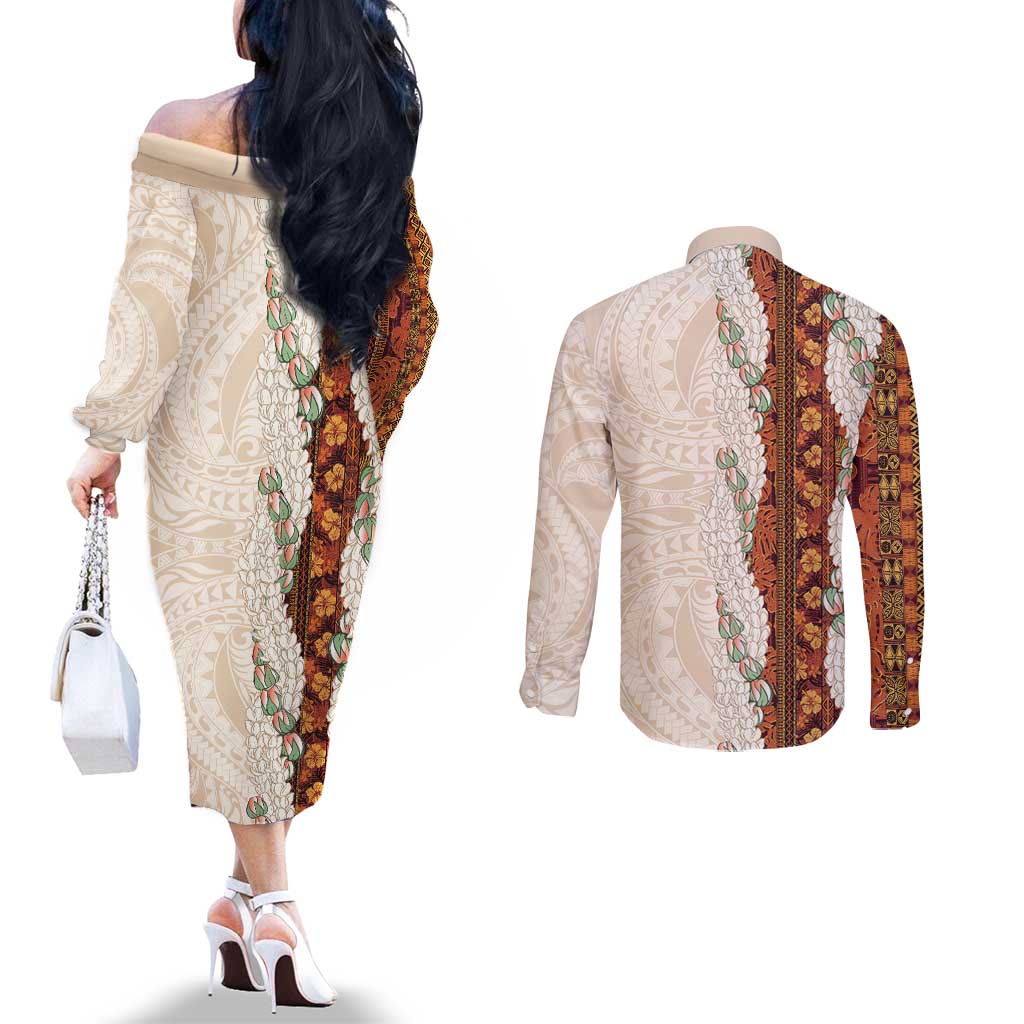 Aloha Hawaii Mikioi Lei Couples Matching Off The Shoulder Long Sleeve Dress and Long Sleeve Button Shirt Cattail Red Tropical Flower Pattern LT14 - Polynesian Pride