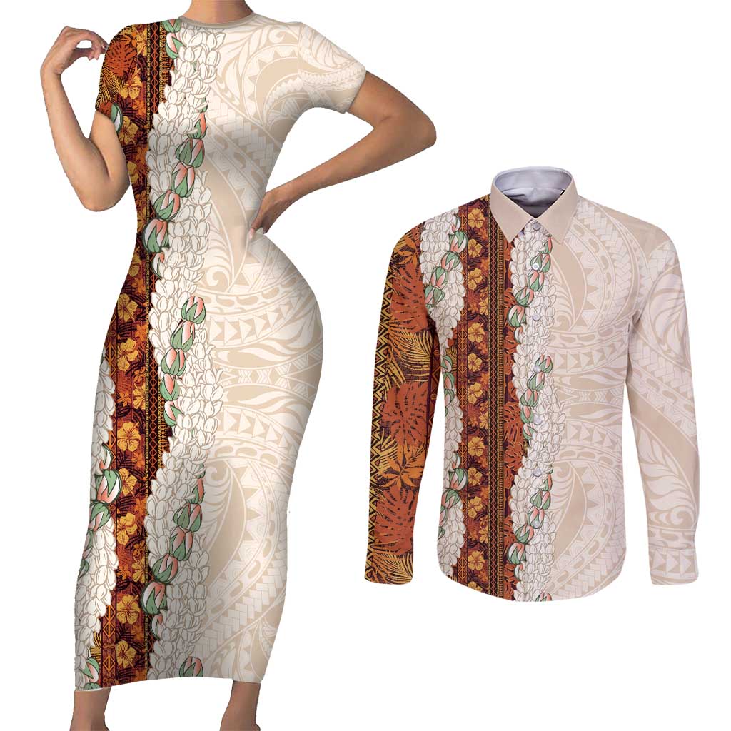 Aloha Hawaii Mikioi Lei Couples Matching Short Sleeve Bodycon Dress and Long Sleeve Button Shirt Cattail Red Tropical Flower Pattern LT14 Cattail Red - Polynesian Pride