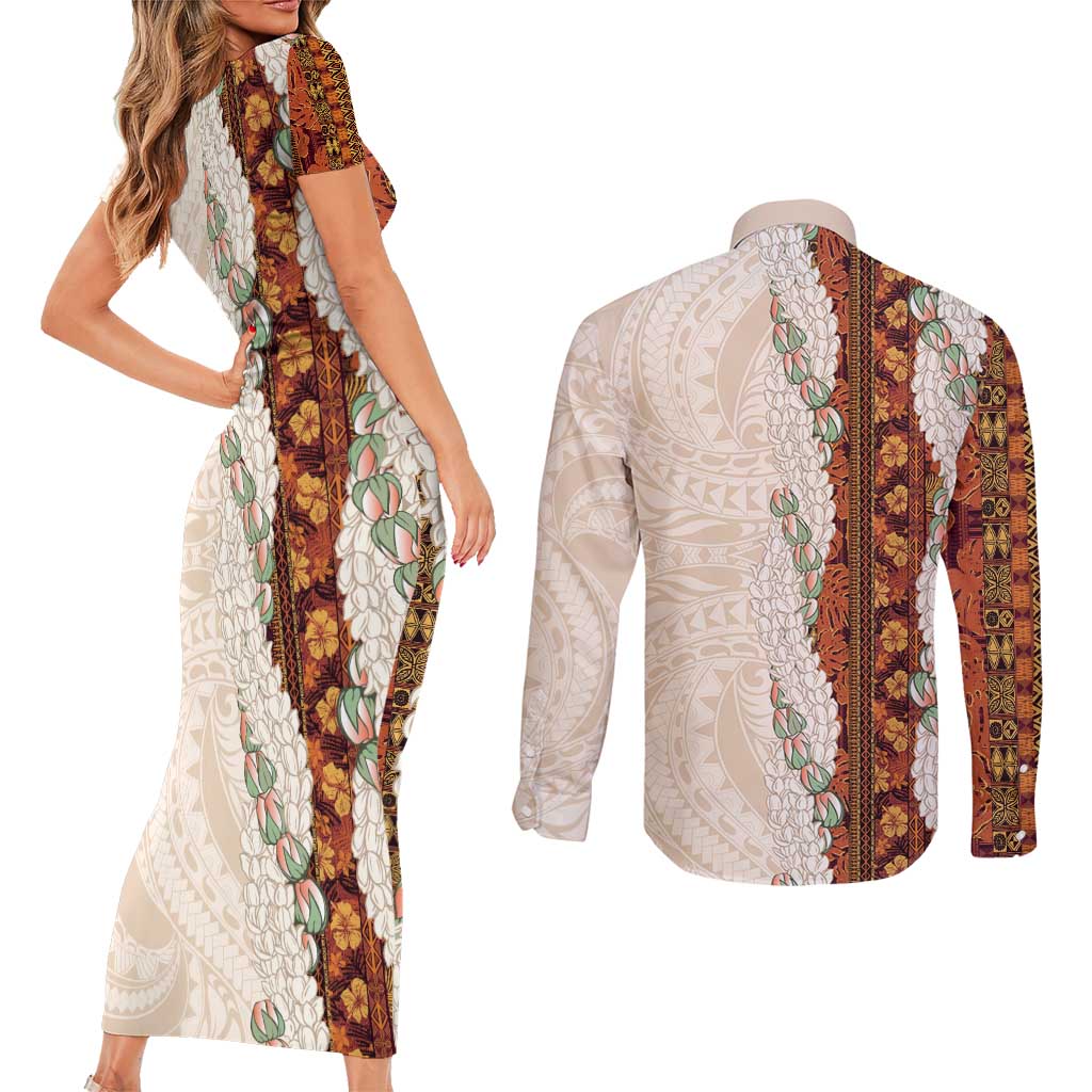 Aloha Hawaii Mikioi Lei Couples Matching Short Sleeve Bodycon Dress and Long Sleeve Button Shirt Cattail Red Tropical Flower Pattern LT14 - Polynesian Pride