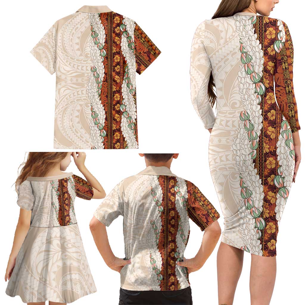 Aloha Hawaii Mikioi Lei Family Matching Long Sleeve Bodycon Dress and Hawaiian Shirt Cattail Red Tropical Flower Pattern LT14 - Polynesian Pride