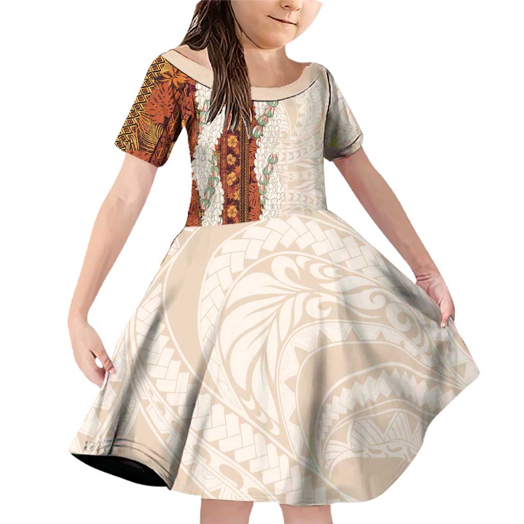 Aloha Hawaii Mikioi Lei Family Matching Off Shoulder Short Dress and Hawaiian Shirt Cattail Red Tropical Flower Pattern LT14 Daughter's Dress Cattail Red - Polynesian Pride
