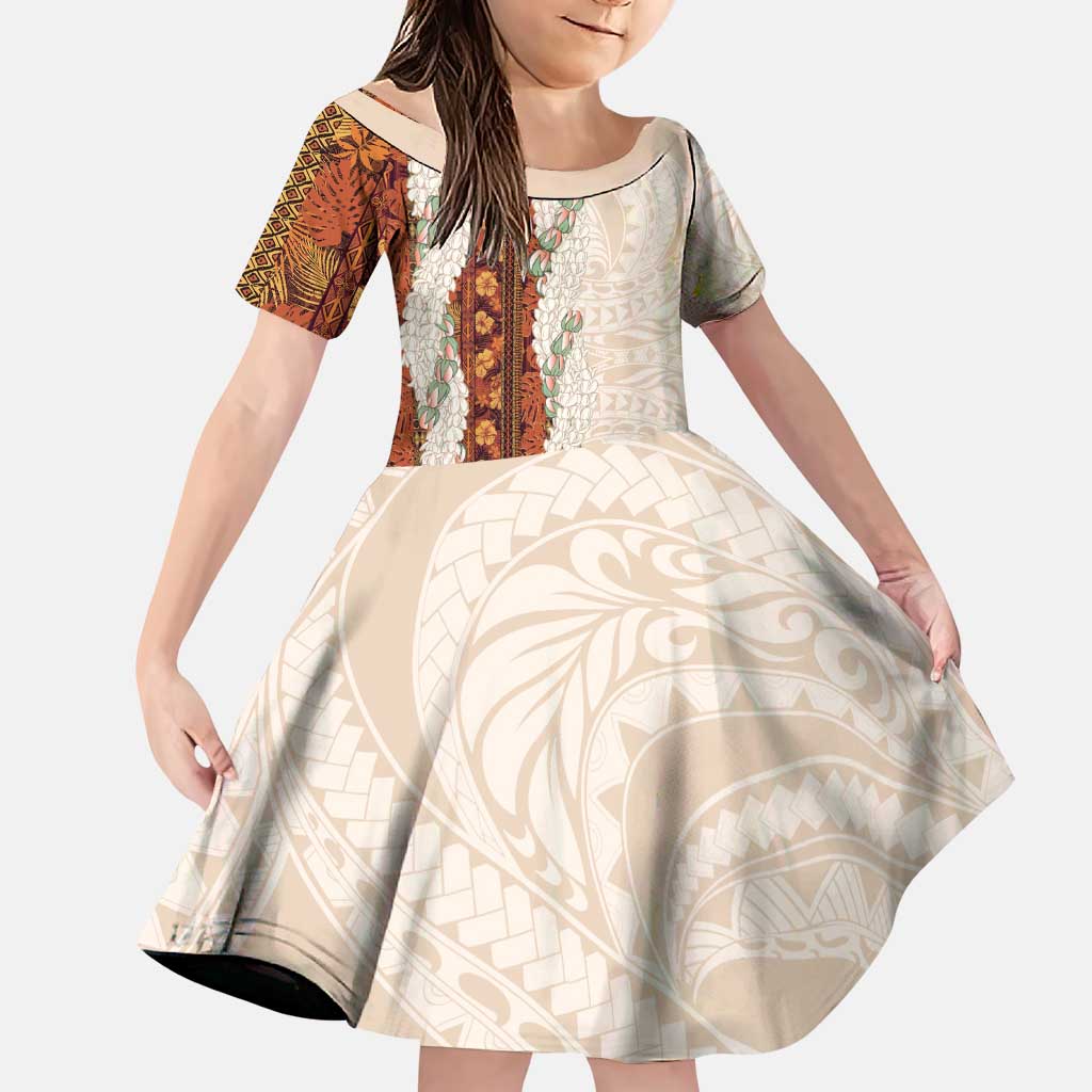 Aloha Hawaii Mikioi Lei Family Matching Puletasi and Hawaiian Shirt Cattail Red Tropical Flower Pattern LT14 Daughter's Dress Cattail Red - Polynesian Pride