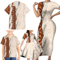 Aloha Hawaii Mikioi Lei Family Matching Short Sleeve Bodycon Dress and Hawaiian Shirt Cattail Red Tropical Flower Pattern LT14 - Polynesian Pride