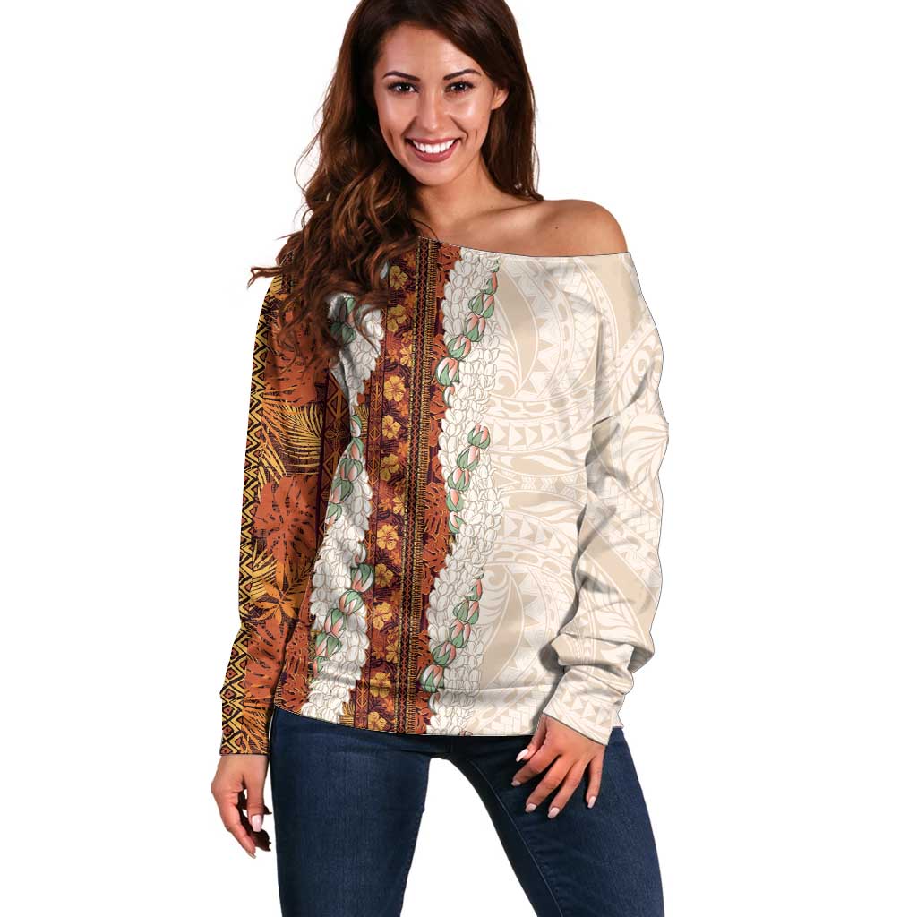Aloha Hawaii Mikioi Lei Off Shoulder Sweater Cattail Red Tropical Flower Pattern LT14 Women Cattail Red - Polynesian Pride