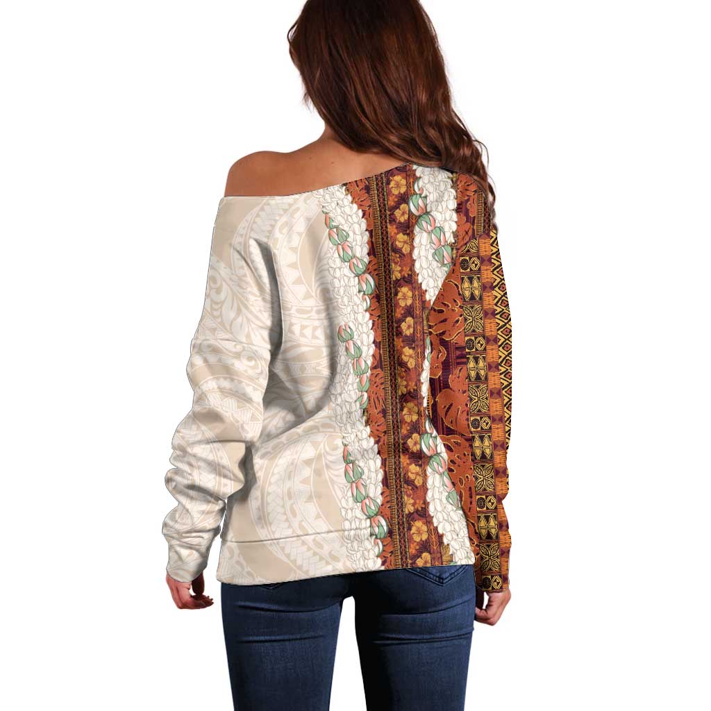 Aloha Hawaii Mikioi Lei Off Shoulder Sweater Cattail Red Tropical Flower Pattern LT14 - Polynesian Pride