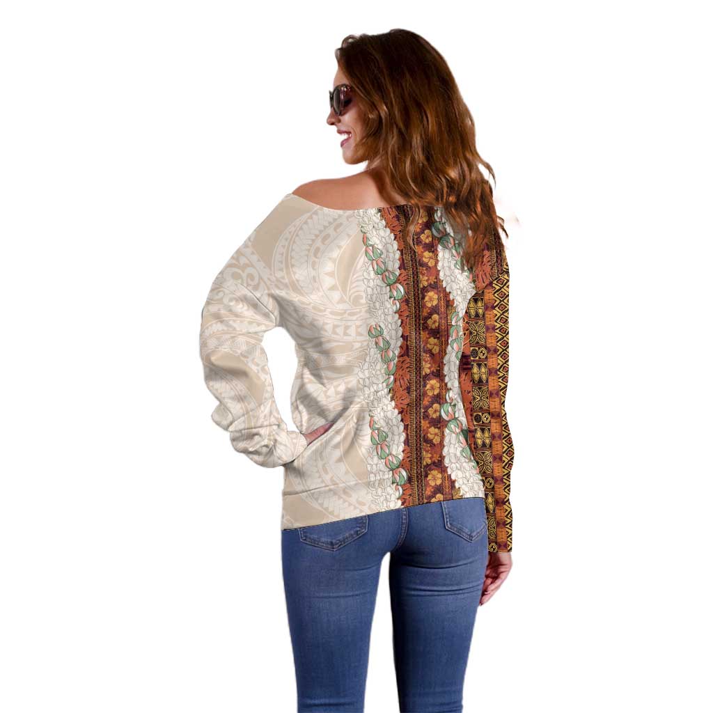 Aloha Hawaii Mikioi Lei Off Shoulder Sweater Cattail Red Tropical Flower Pattern LT14 - Polynesian Pride