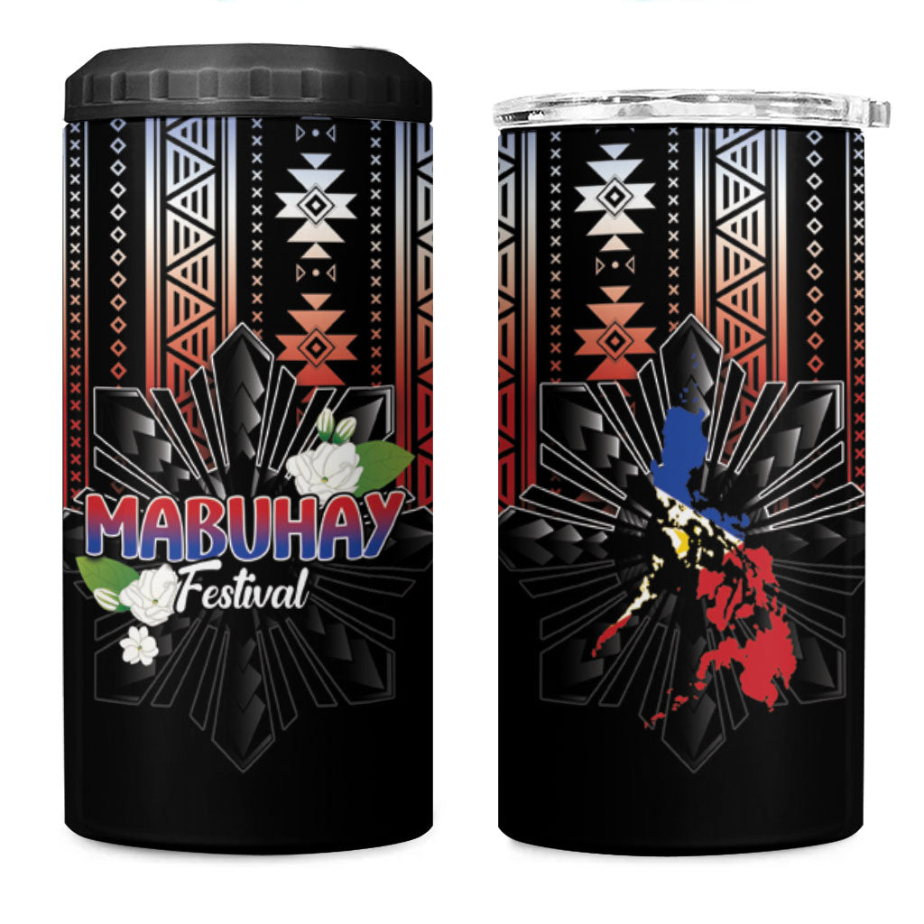 Mabuhay Philippines Festival 4 in 1 Can Cooler Tumbler Filipino Map Sampaguita Igorot Pattern LT14 One Size: 16 oz Black - Polynesian Pride