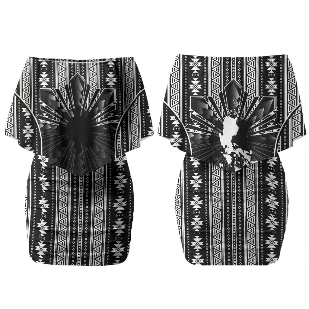Mabuhay Philippines Festival Couples Matching Off Shoulder Short Dress and Long Sleeve Button Shirt Filipino Map Black White Igorot Pattern LT14 - Polynesian Pride