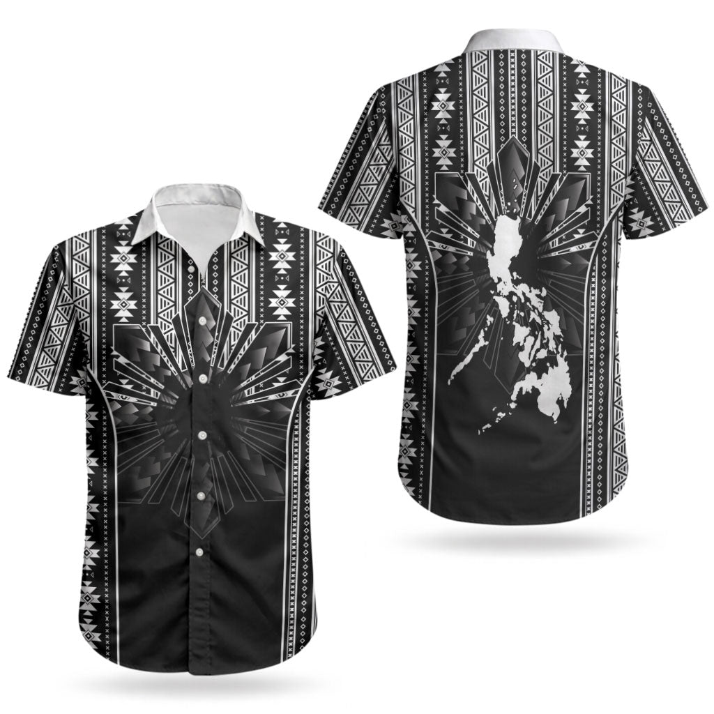 Mabuhay Philippines Festival Couples Matching Off The Shoulder Long Sleeve Dress and Hawaiian Shirt Filipino Map Black White Igorot Pattern LT14 - Polynesian Pride