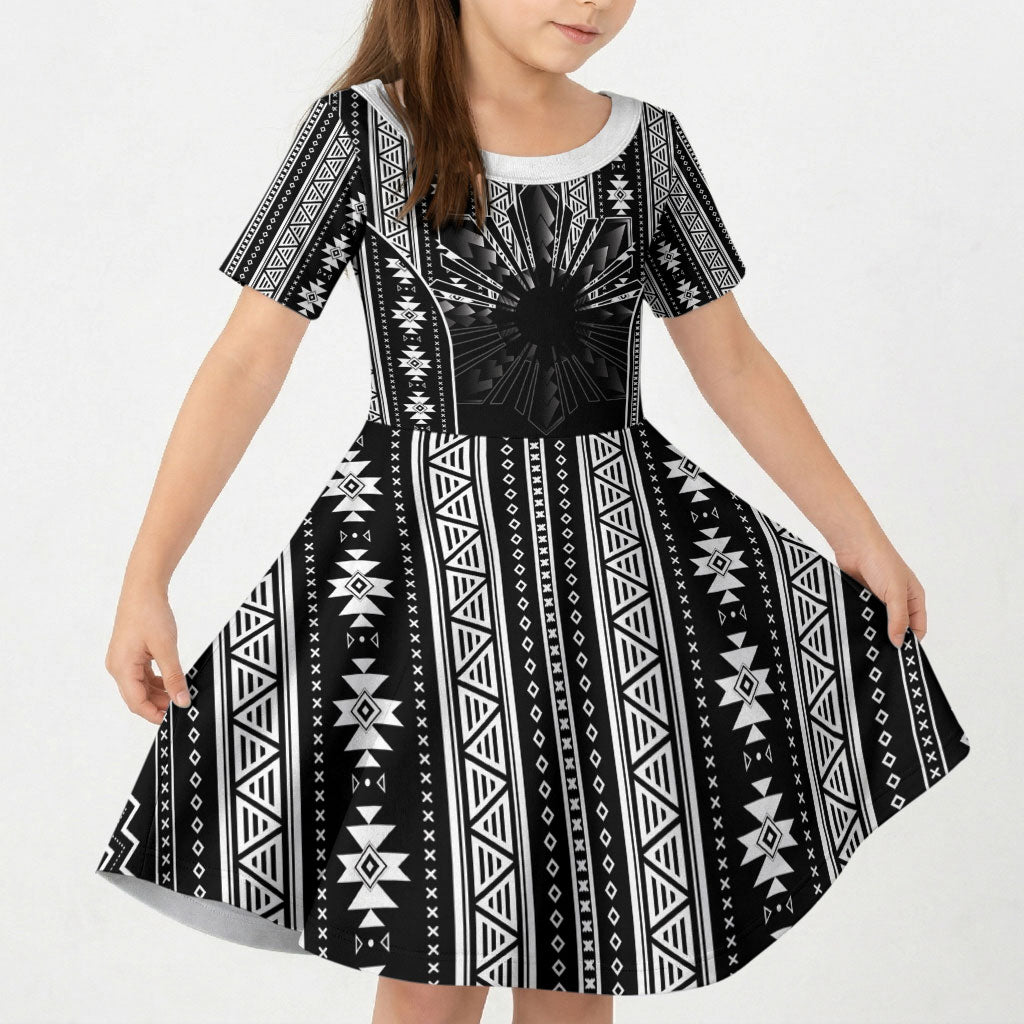 Mabuhay Philippines Festival Kid Short Sleeve Dress Filipino Map Black White Igorot Pattern LT14 KID Black - Polynesian Pride