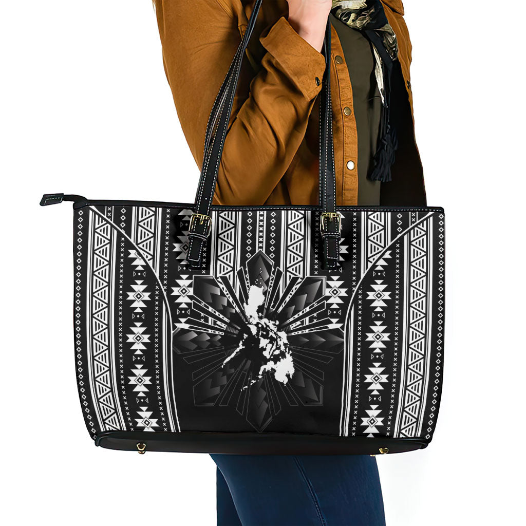 Mabuhay Philippines Festival Leather Tote Bag Filipino Map Black White Igorot Pattern LT14 - Polynesian Pride
