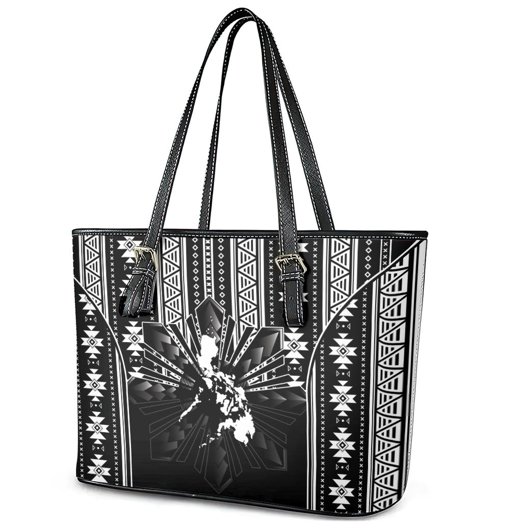 Mabuhay Philippines Festival Leather Tote Bag Filipino Map Black White Igorot Pattern LT14 - Polynesian Pride