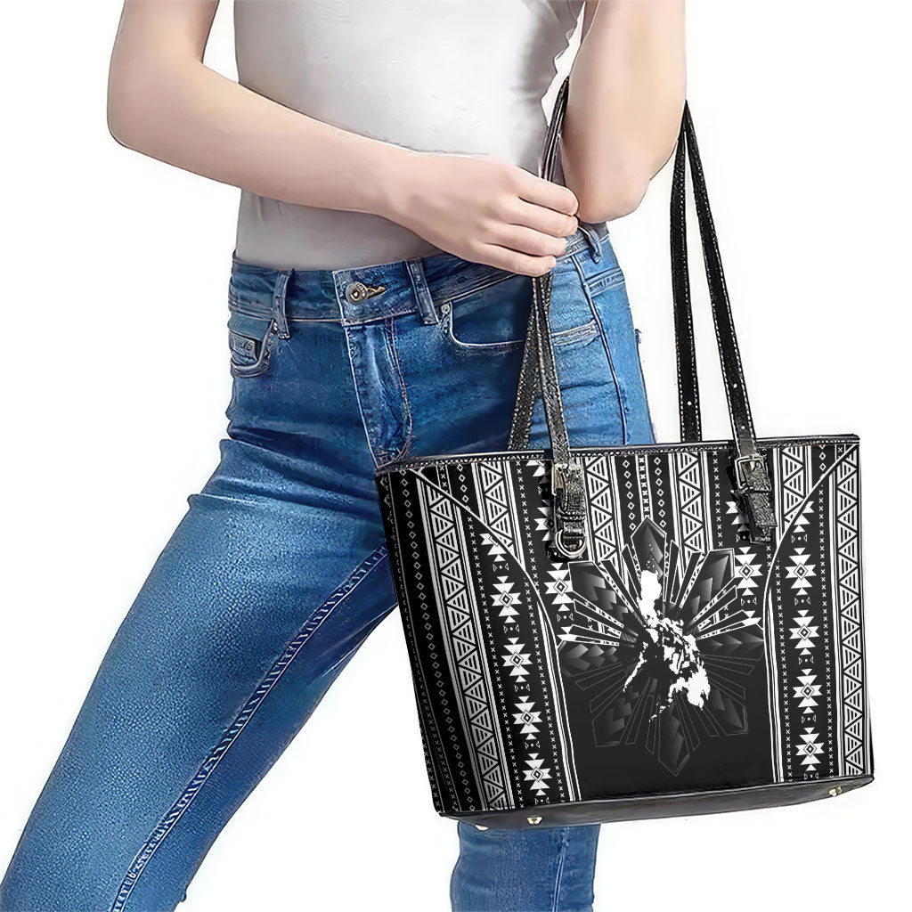 Mabuhay Philippines Festival Leather Tote Bag Filipino Map Black White Igorot Pattern LT14 - Polynesian Pride