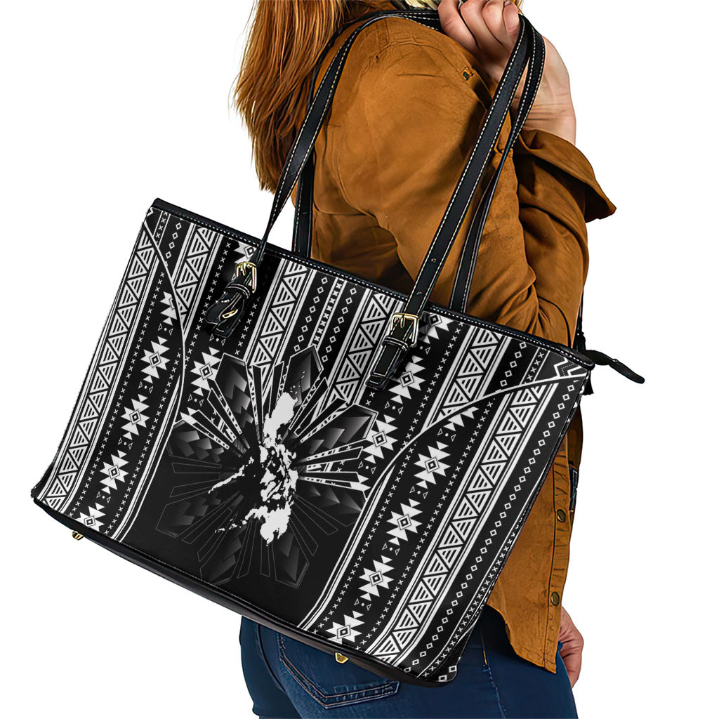 Mabuhay Philippines Festival Leather Tote Bag Filipino Map Black White Igorot Pattern LT14 - Polynesian Pride