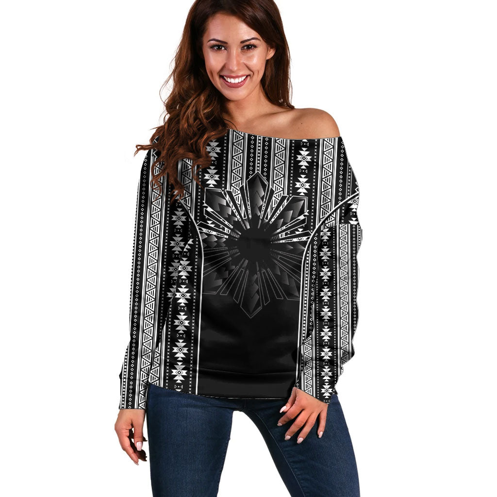 Mabuhay Philippines Festival Off Shoulder Sweater Filipino Map Black White Igorot Pattern LT14 Women Black - Polynesian Pride