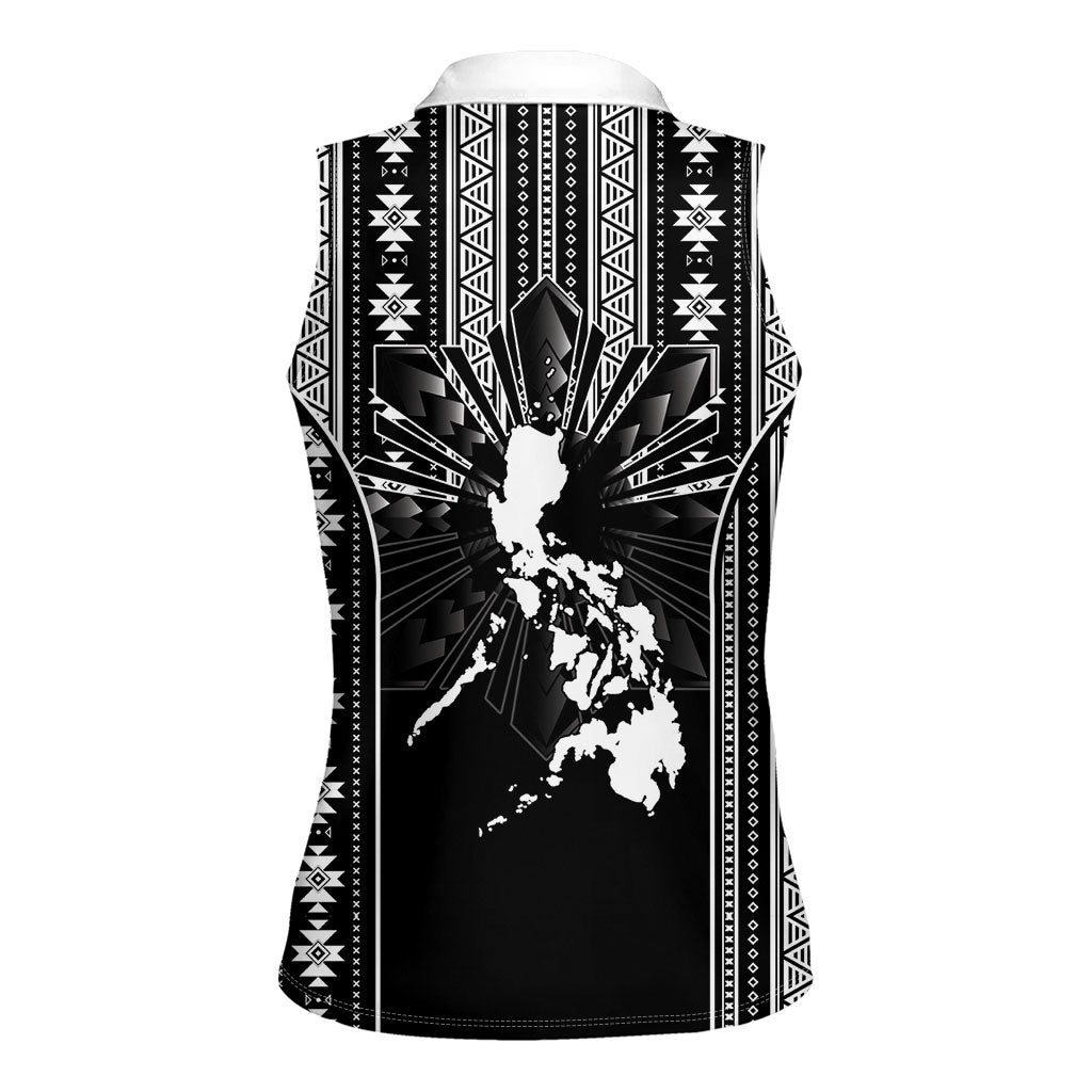 Mabuhay Philippines Festival Women Sleeveless Polo Shirt Filipino Map Black White Igorot Pattern LT14 - Polynesian Pride