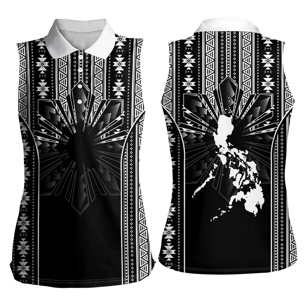 Mabuhay Philippines Festival Women Sleeveless Polo Shirt Filipino Map Black White Igorot Pattern LT14 - Polynesian Pride