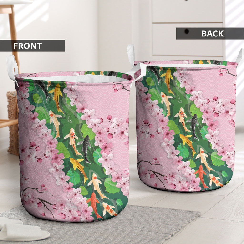 Koi Fish Sakura Japan Laundry Basket Eternal Flow Cherry Blossom Seigaiha Pattern