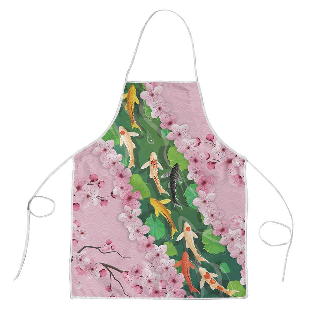 Koi Fish Sakura Japan Apron Eternal Flow Cherry Blossom Seigaiha Pattern