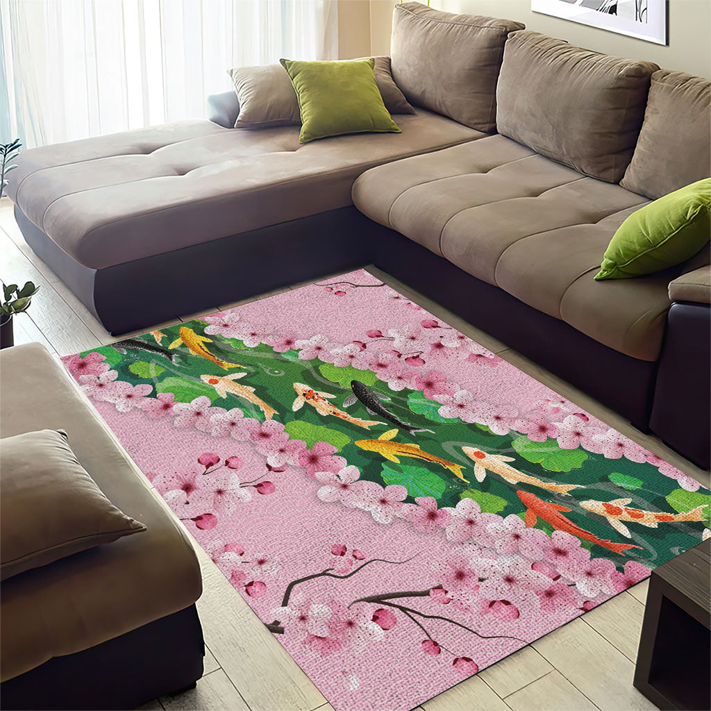Koi Fish Sakura Japan Area Rug Eternal Flow Cherry Blossom Seigaiha Pattern