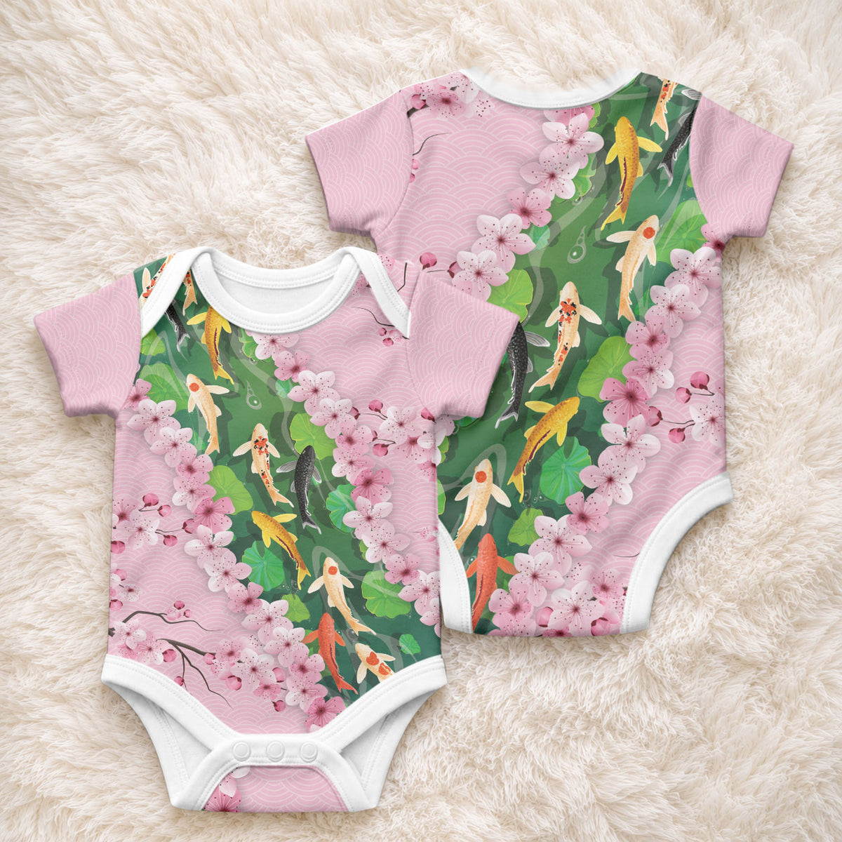 Koi Fish Sakura Japan Baby Onesie Eternal Flow Cherry Blossom Seigaiha Pattern