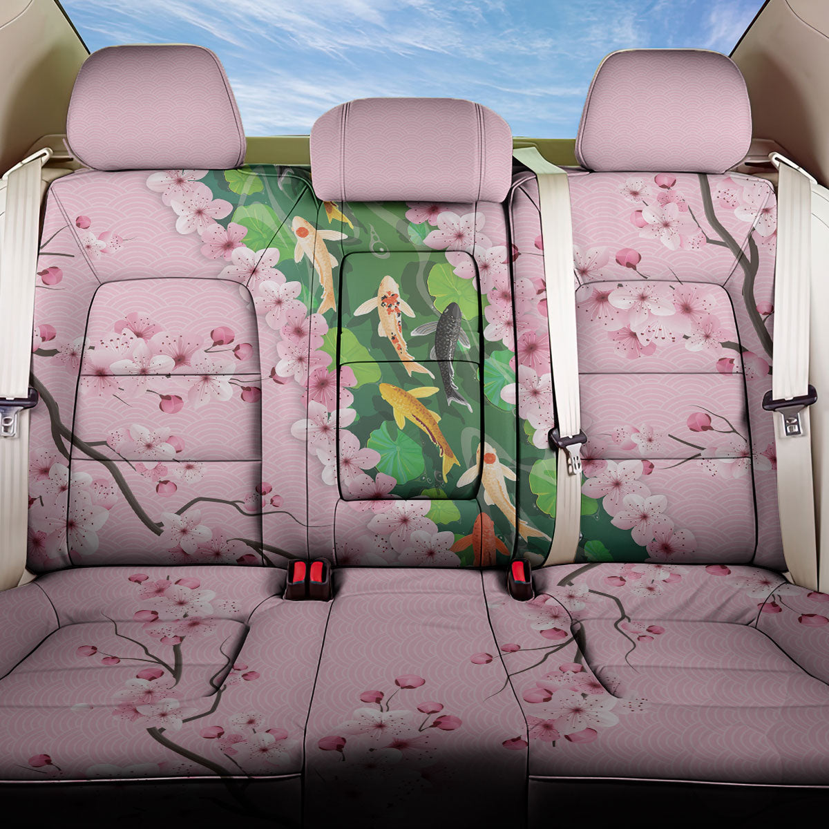 Koi Fish Sakura Japan Back Car Seat Cover Eternal Flow Cherry Blossom Seigaiha Pattern