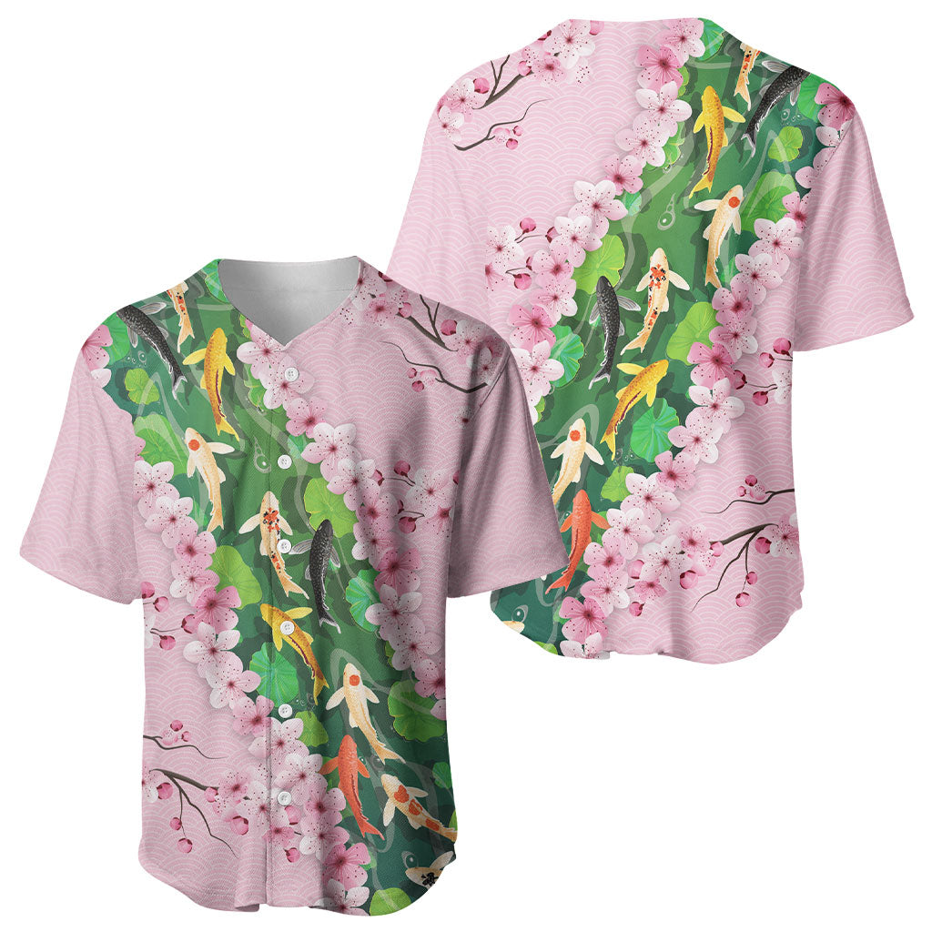 Koi Fish Sakura Japan Baseball Jersey Eternal Flow Cherry Blossom Seigaiha Pattern