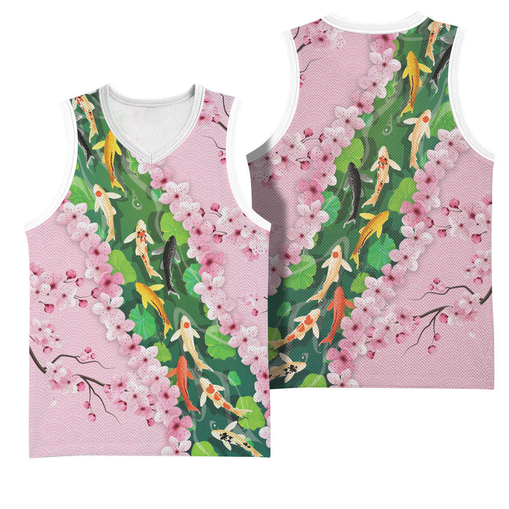 Koi Fish Sakura Japan Basketball Jersey Eternal Flow Cherry Blossom Seigaiha Pattern