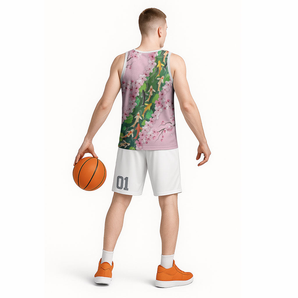 Koi Fish Sakura Japan Basketball Jersey Eternal Flow Cherry Blossom Seigaiha Pattern