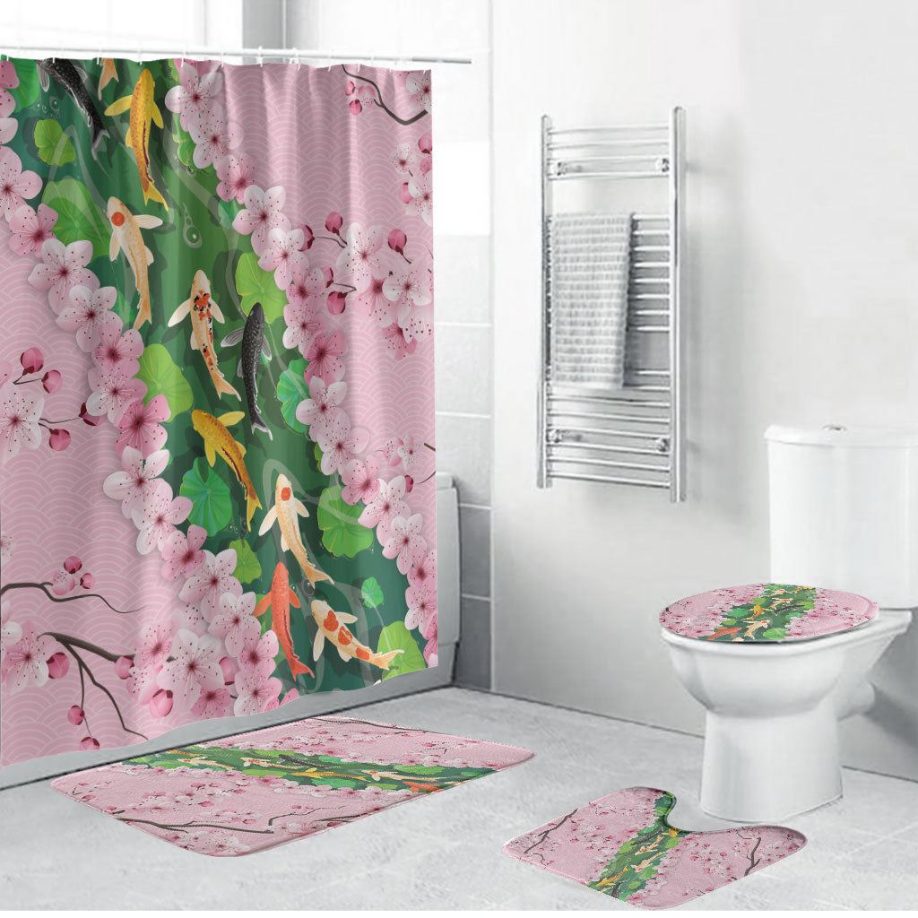 Koi Fish Sakura Japan Bathroom Set Eternal Flow Cherry Blossom Seigaiha Pattern