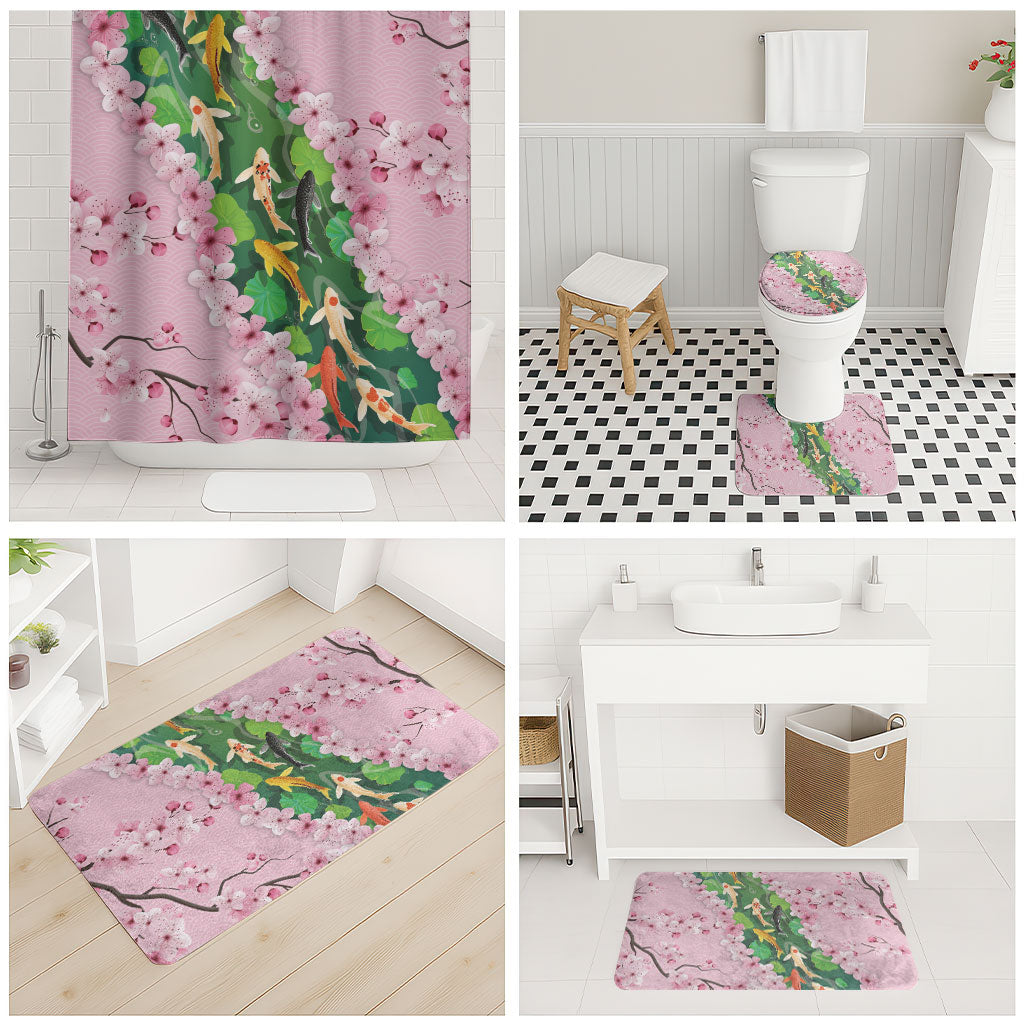 Koi Fish Sakura Japan Bathroom Set Eternal Flow Cherry Blossom Seigaiha Pattern
