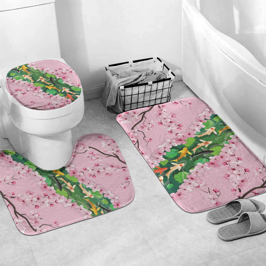 Koi Fish Sakura Japan Bathroom Set Eternal Flow Cherry Blossom Seigaiha Pattern