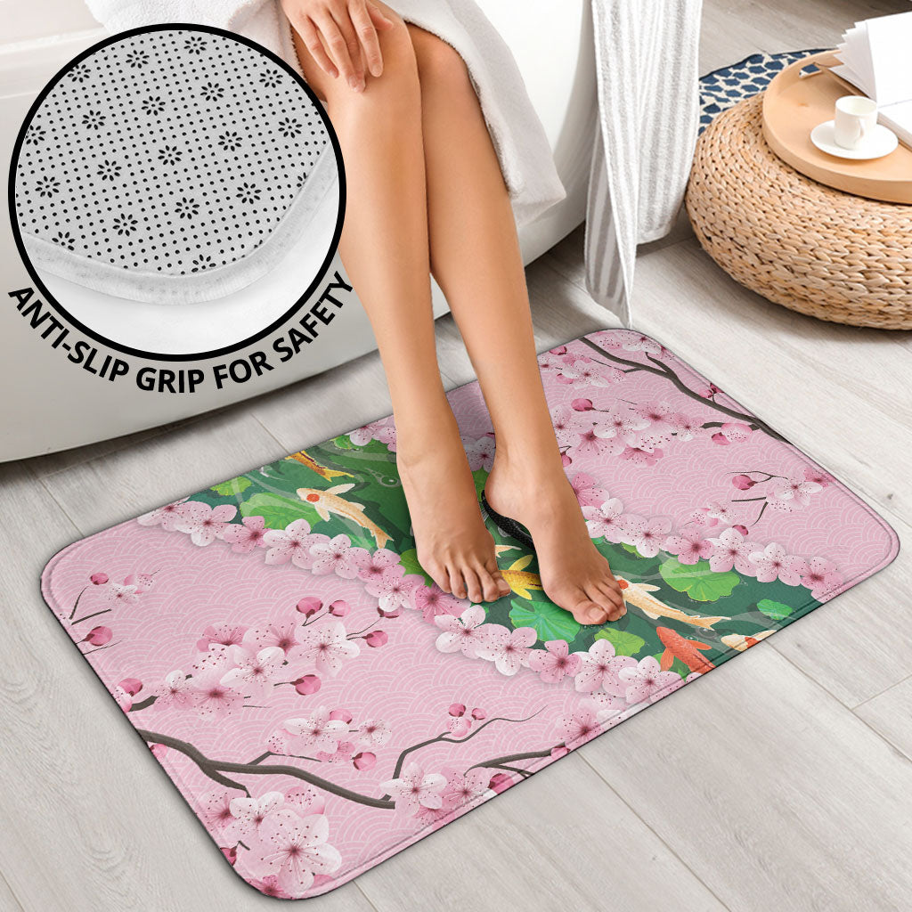 Koi Fish Sakura Japan Bathroom Set Eternal Flow Cherry Blossom Seigaiha Pattern
