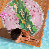Koi Fish Sakura Japan Beach Blanket Eternal Flow Cherry Blossom Seigaiha Pattern