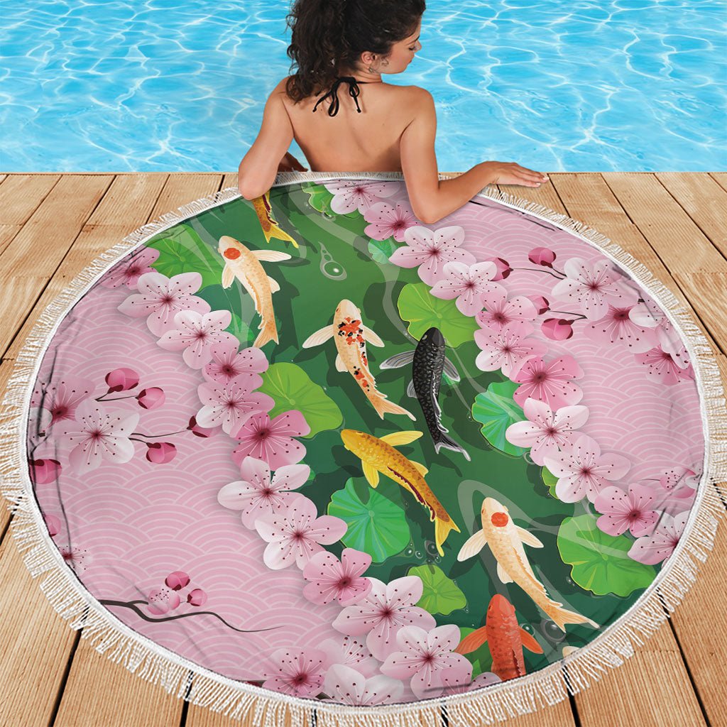 Koi Fish Sakura Japan Beach Blanket Eternal Flow Cherry Blossom Seigaiha Pattern