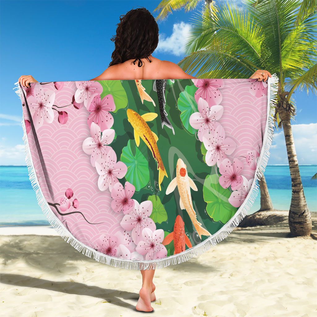 Koi Fish Sakura Japan Beach Blanket Eternal Flow Cherry Blossom Seigaiha Pattern