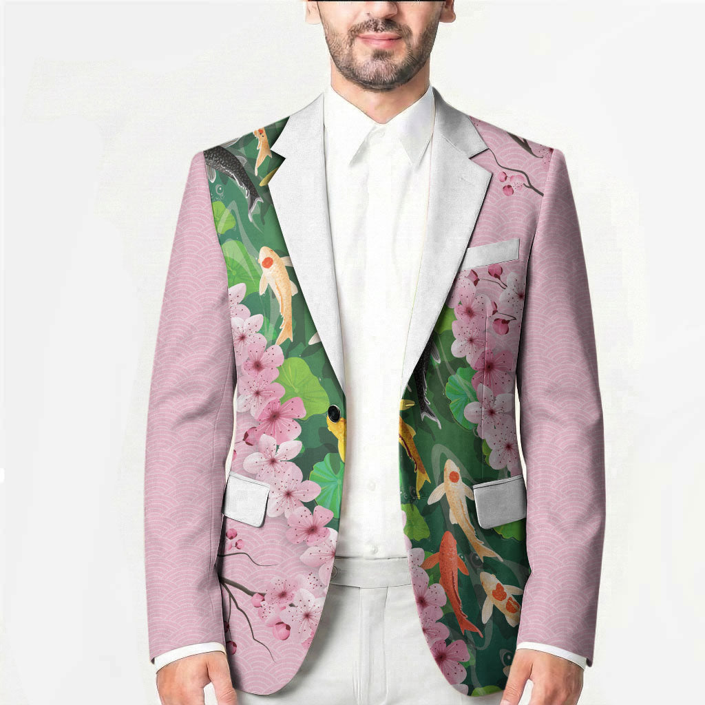 Koi Fish Sakura Japan Blazer Eternal Flow Cherry Blossom Seigaiha Pattern