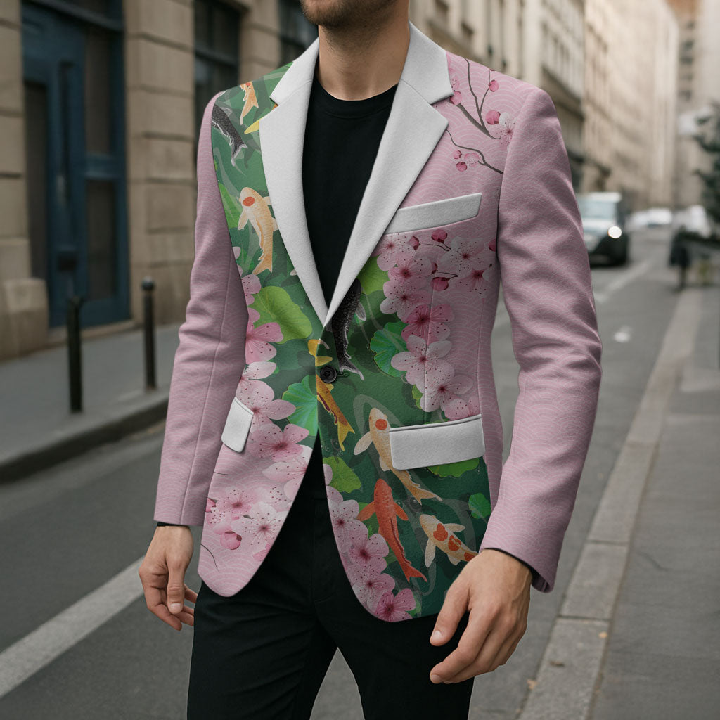 Koi Fish Sakura Japan Blazer Eternal Flow Cherry Blossom Seigaiha Pattern