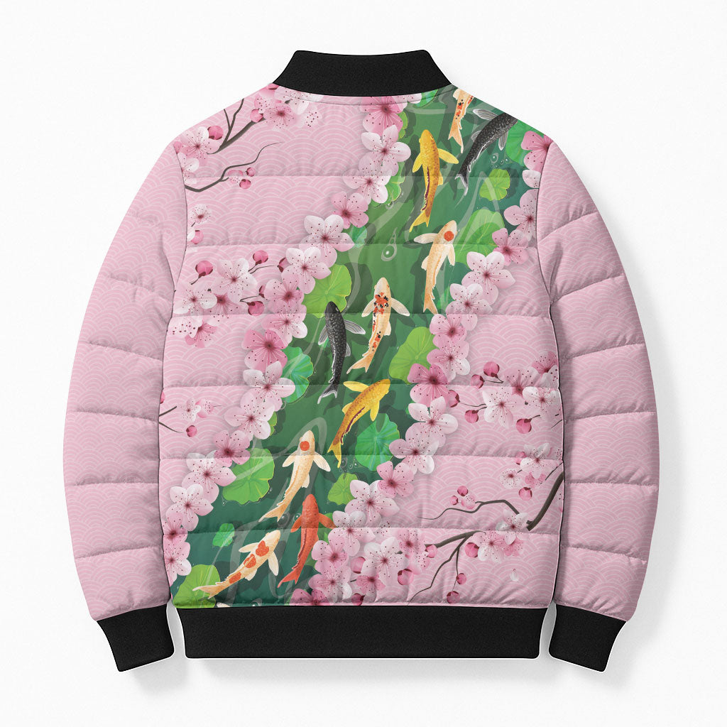 Koi Fish Sakura Japan Bomber Puffer Jacket Eternal Flow Cherry Blossom Seigaiha Pattern