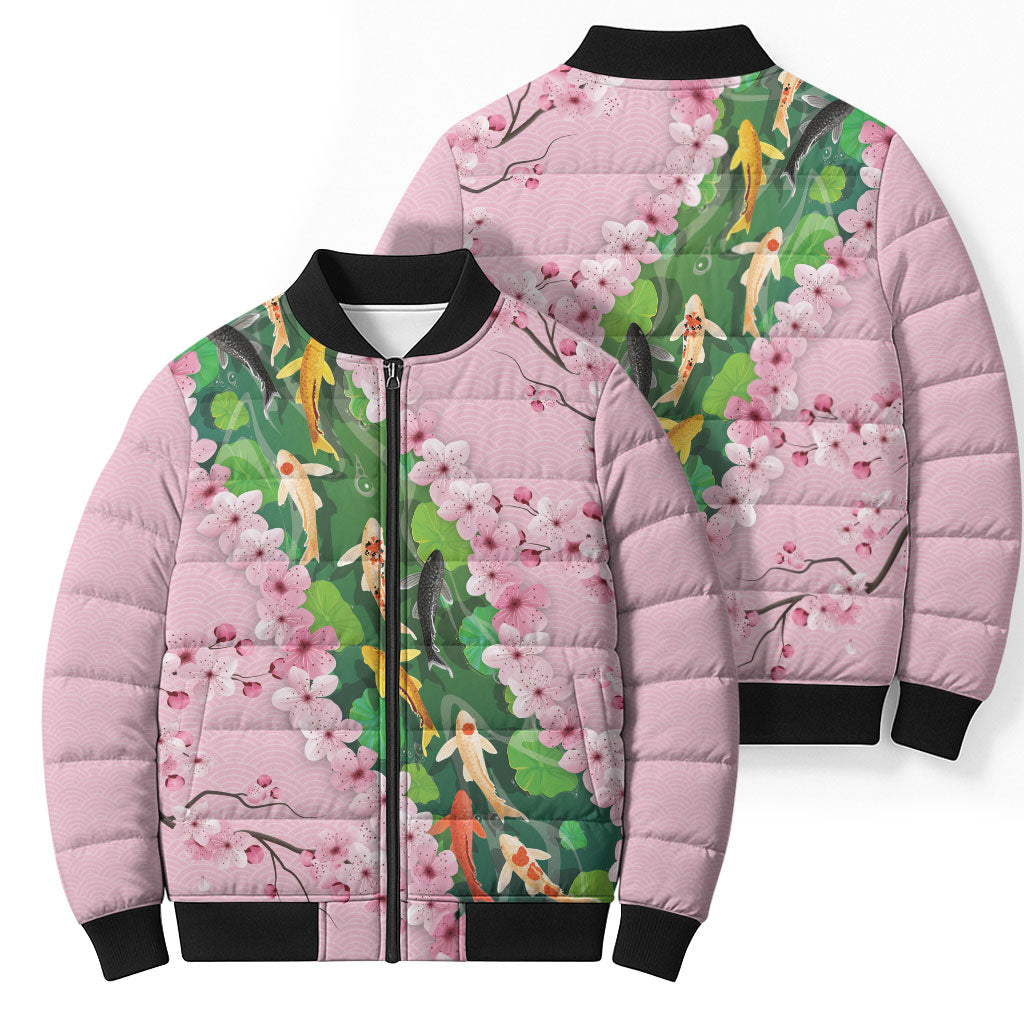Koi Fish Sakura Japan Bomber Puffer Jacket Eternal Flow Cherry Blossom Seigaiha Pattern
