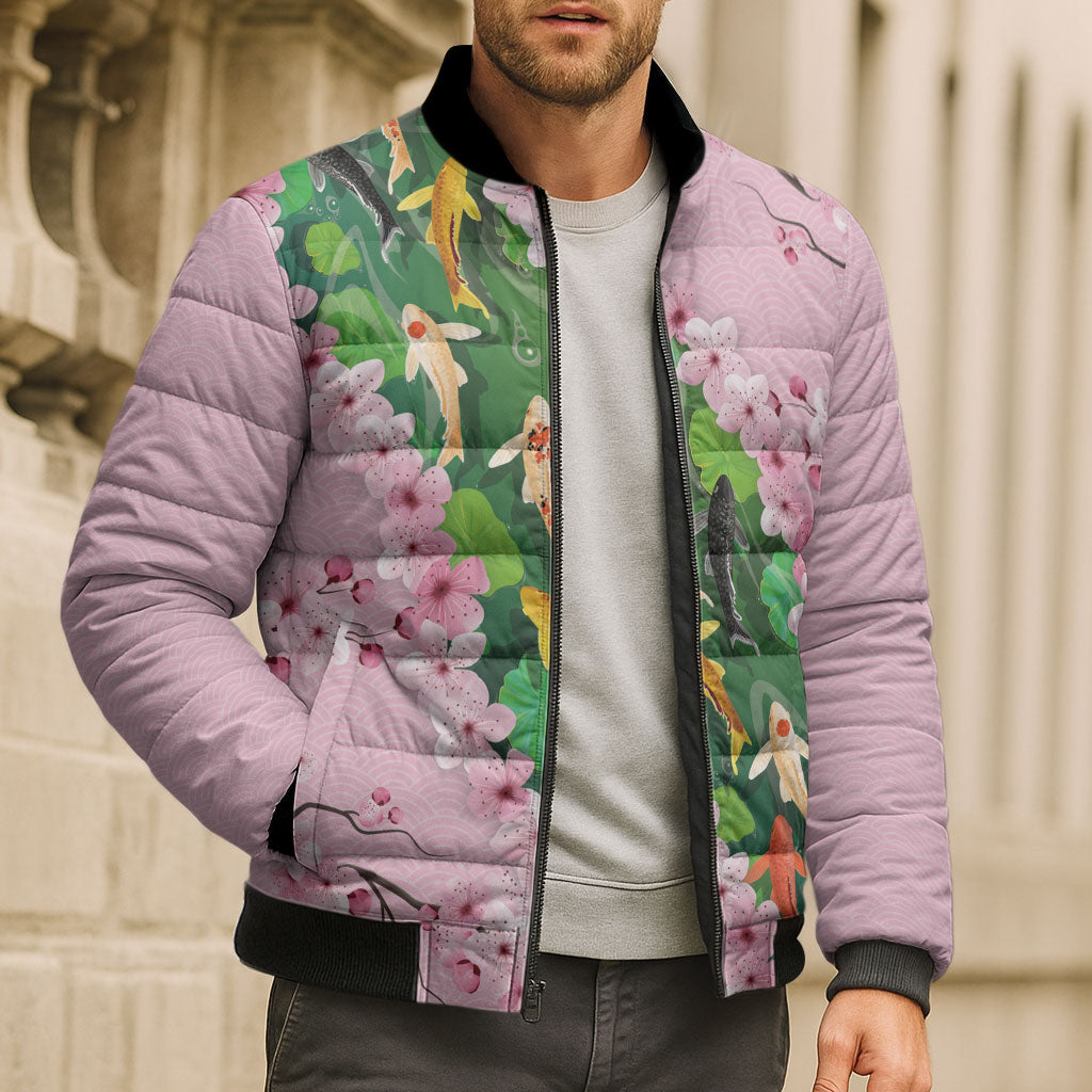 Koi Fish Sakura Japan Bomber Puffer Jacket Eternal Flow Cherry Blossom Seigaiha Pattern