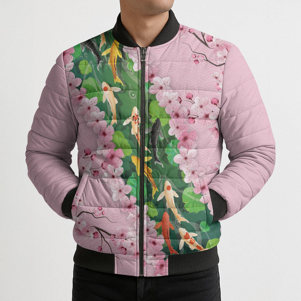 Koi Fish Sakura Japan Bomber Puffer Jacket Eternal Flow Cherry Blossom Seigaiha Pattern
