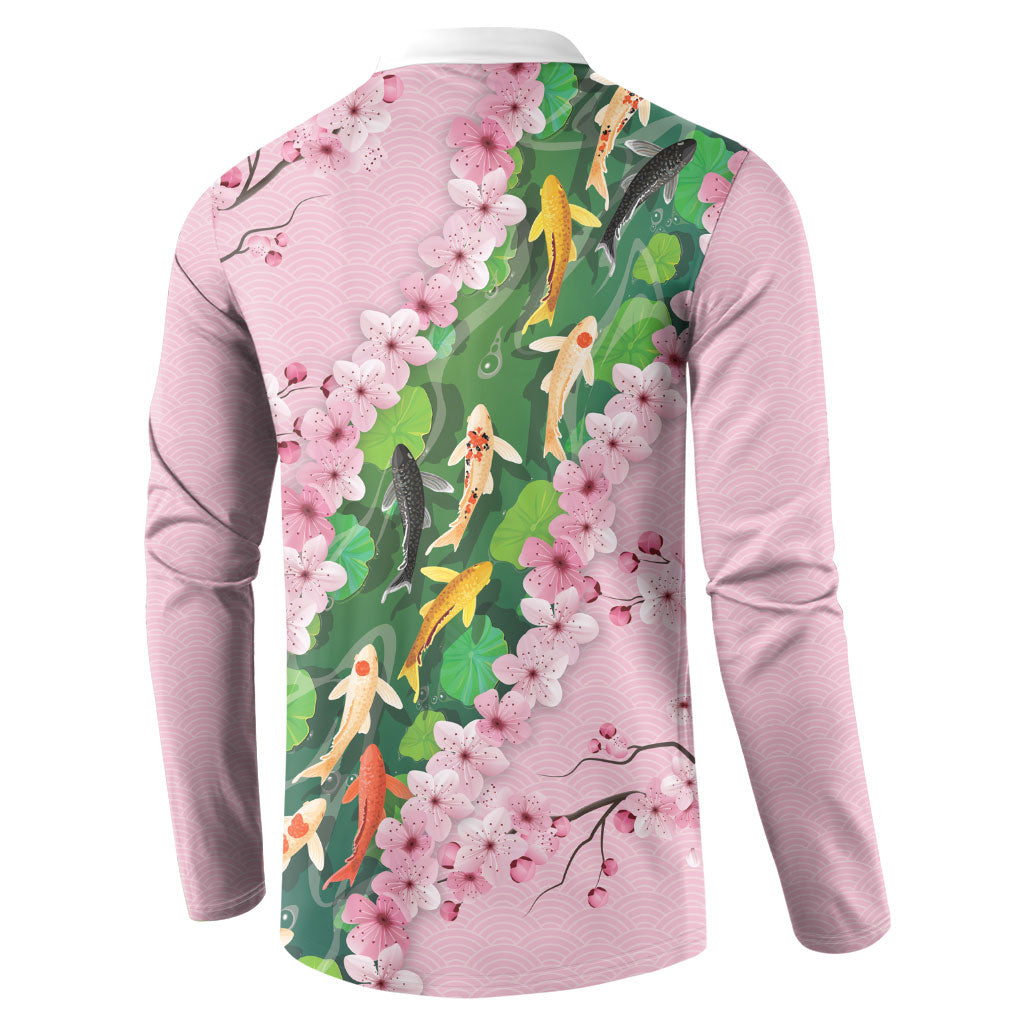 Koi Fish Sakura Japan Button Sweatshirt Eternal Flow Cherry Blossom Seigaiha Pattern