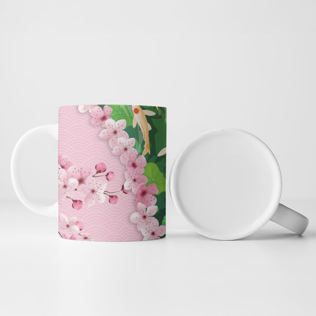 Koi Fish Sakura Japan Ceramic Mug Eternal Flow Cherry Blossom Seigaiha Pattern