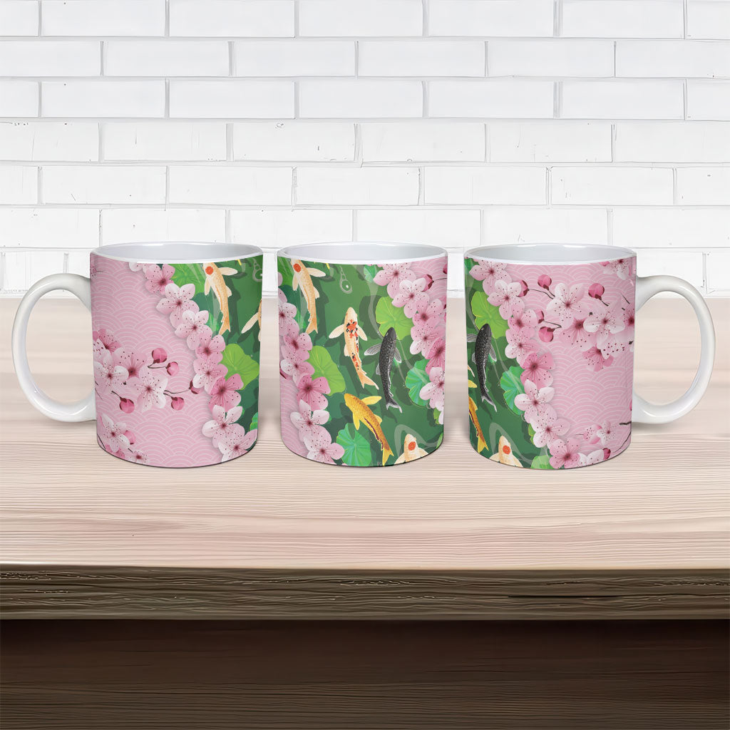 Koi Fish Sakura Japan Ceramic Mug Eternal Flow Cherry Blossom Seigaiha Pattern