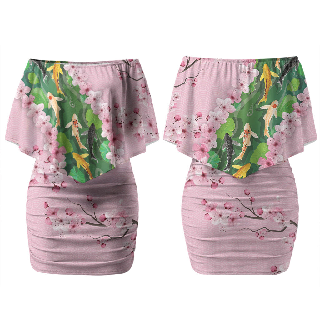 Koi Fish Sakura Japan Couples Matching Off Shoulder Short Dress and Long Sleeve Button Shirt Eternal Flow Cherry Blossom Seigaiha Pattern