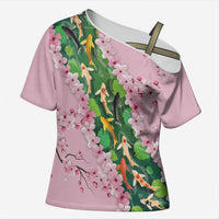 Koi Fish Sakura Japan Cross Shoulder Shirt Eternal Flow Cherry Blossom Seigaiha Pattern